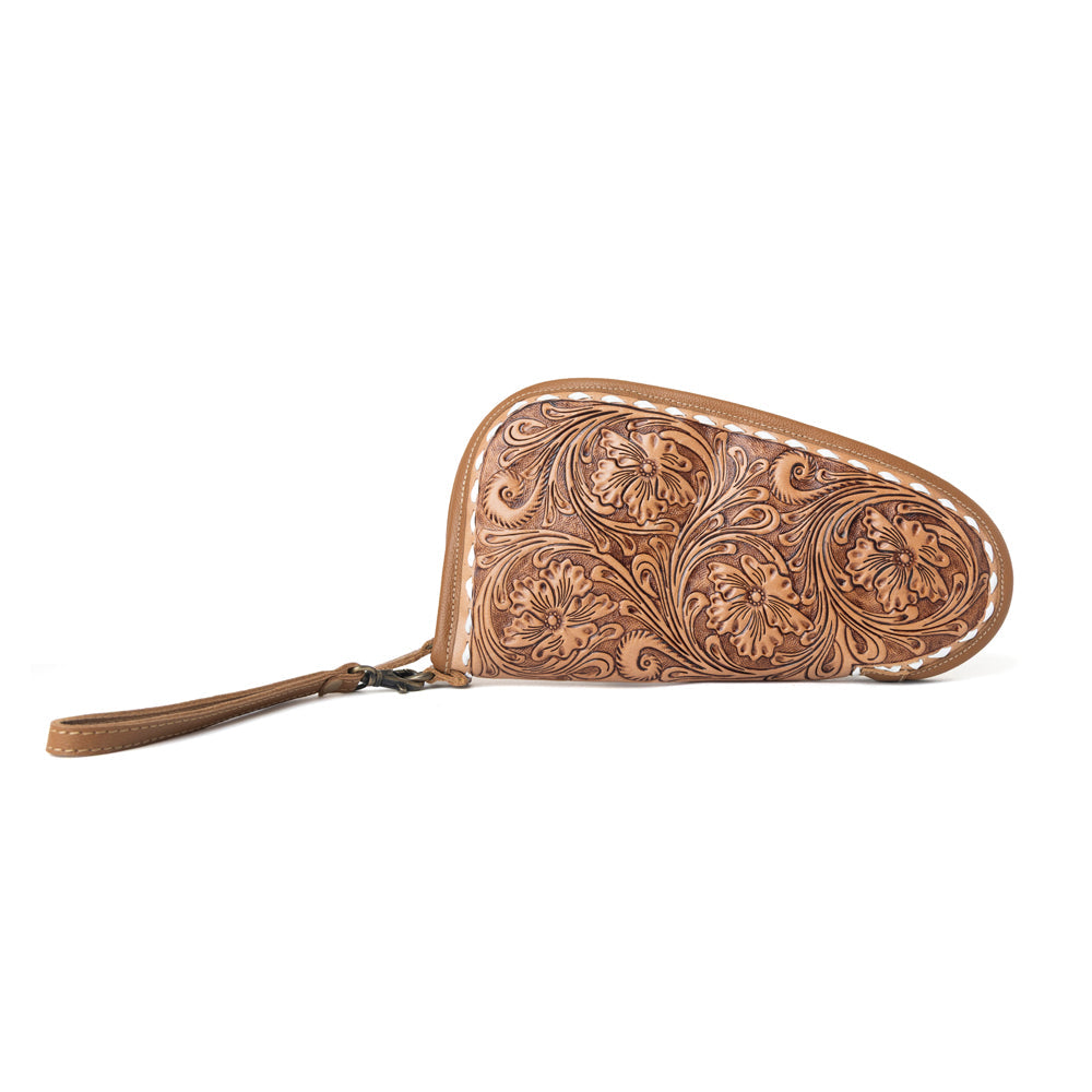 Myra Bronzefall Handtooled Leather Gun Case in Saddle Tan - Myra USA