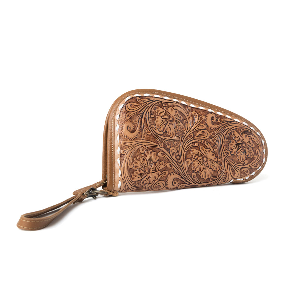 Myra Bronzefall Handtooled Leather Gun Case in Saddle Tan - Myra USA