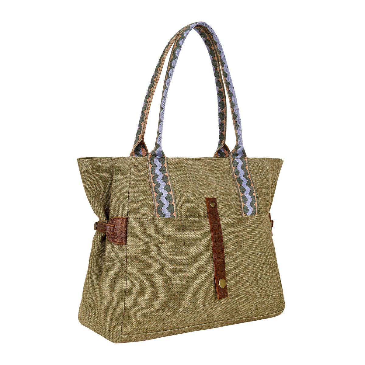 Myra Cedar Draw Tote Bag for Women in olive with woven trim - Myra USA