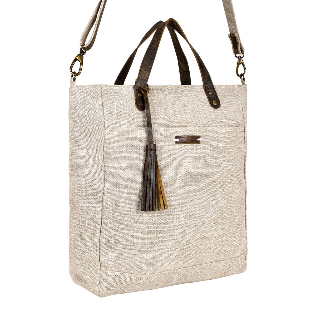 Myra Saddlewood Tote Bag for Women in oat straw with leather handles and tassel - Myra USA