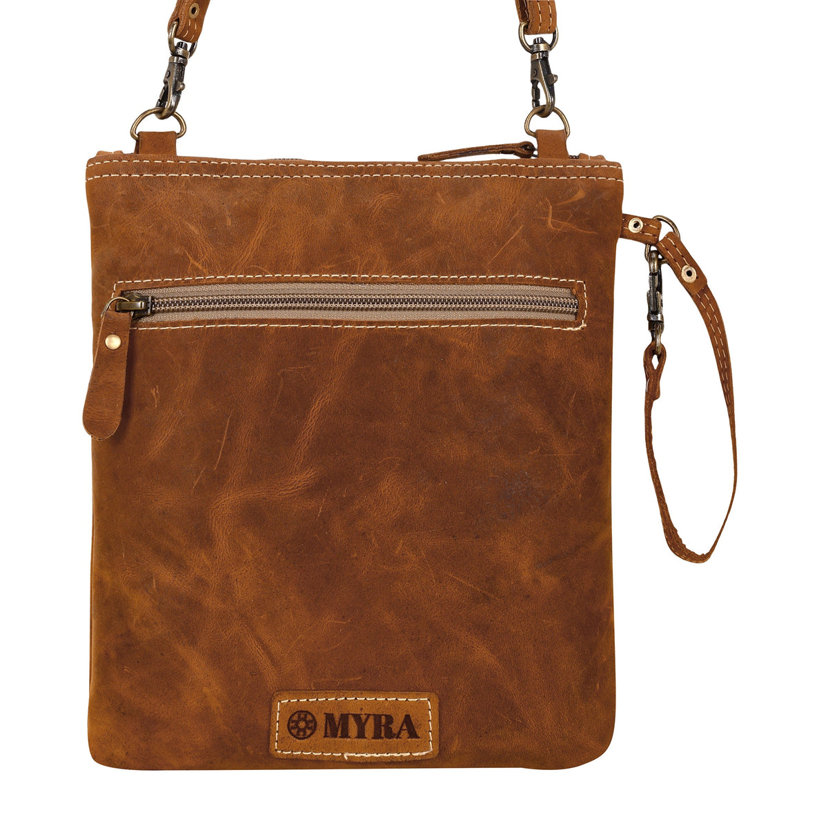Myra Ironwood Crossbody Bag for Women in tan with contrast stitch and tassel - Myra USA