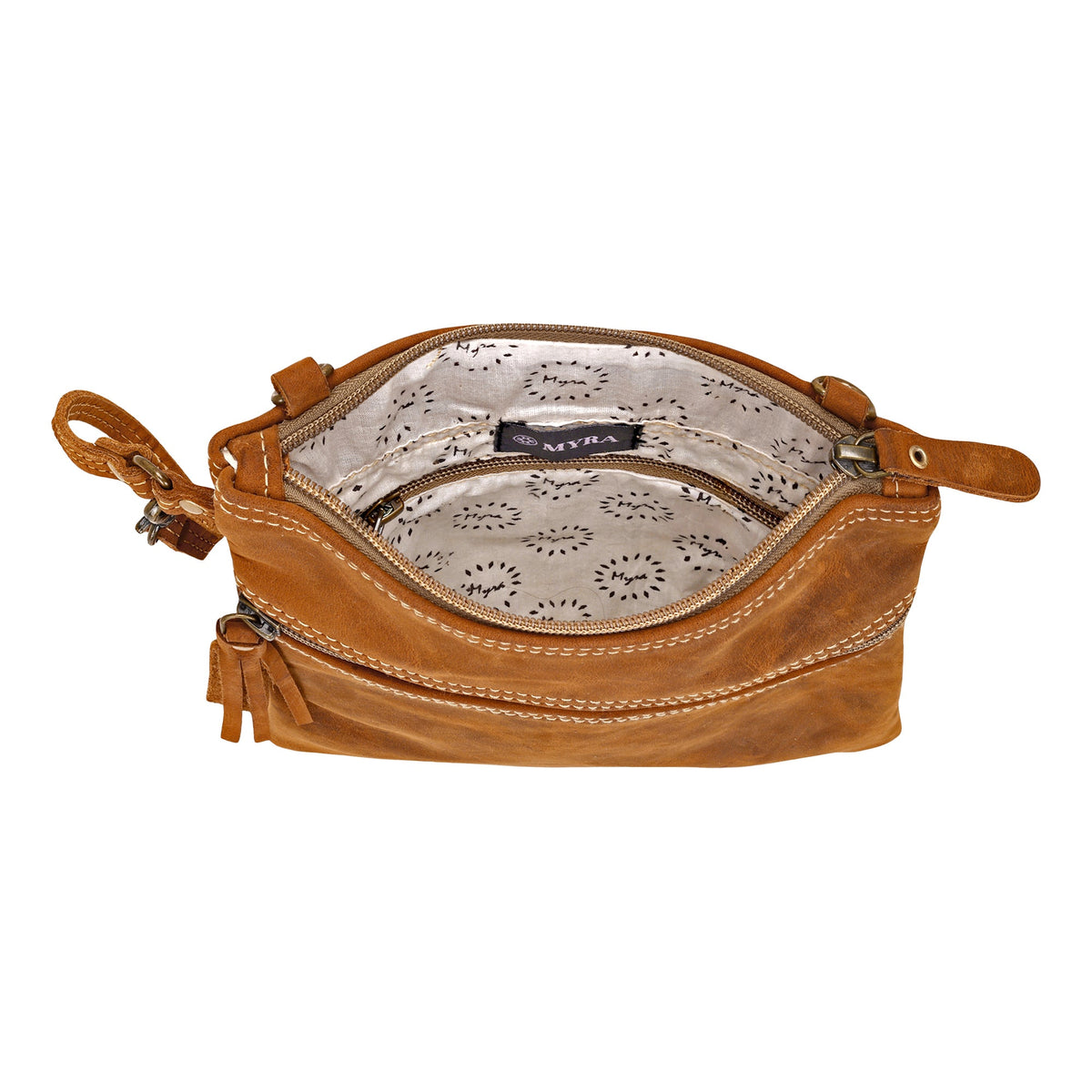 Myra Ironwood Crossbody Bag for Women in tan with contrast stitch and tassel - Myra USA