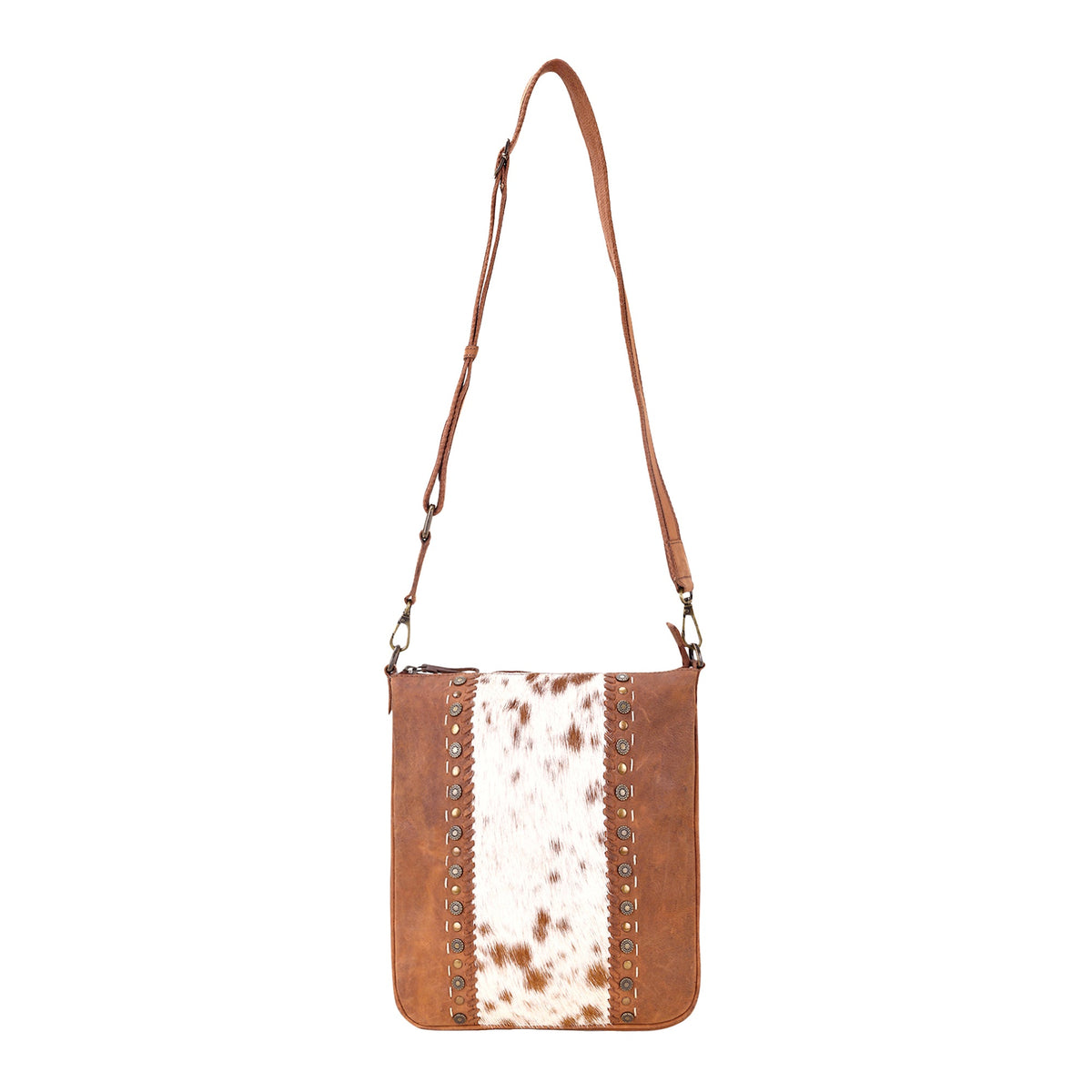 Myra Sunridge Crossbody Bag for Women in tan with hair on and studs - Myra USA
