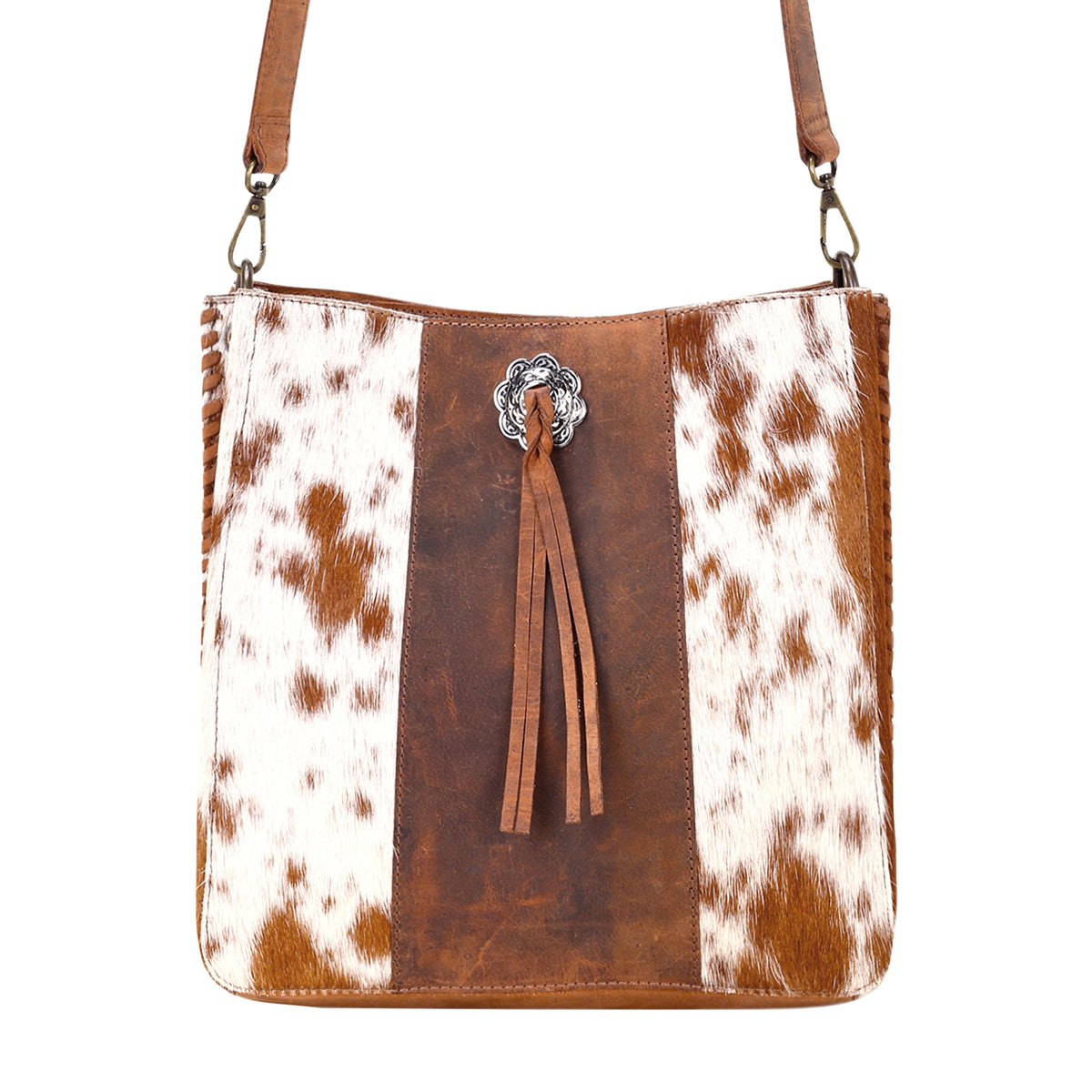 Myra Canyonmere Crossbody Bag for Women in tan with hair on and concho - Myra USA
