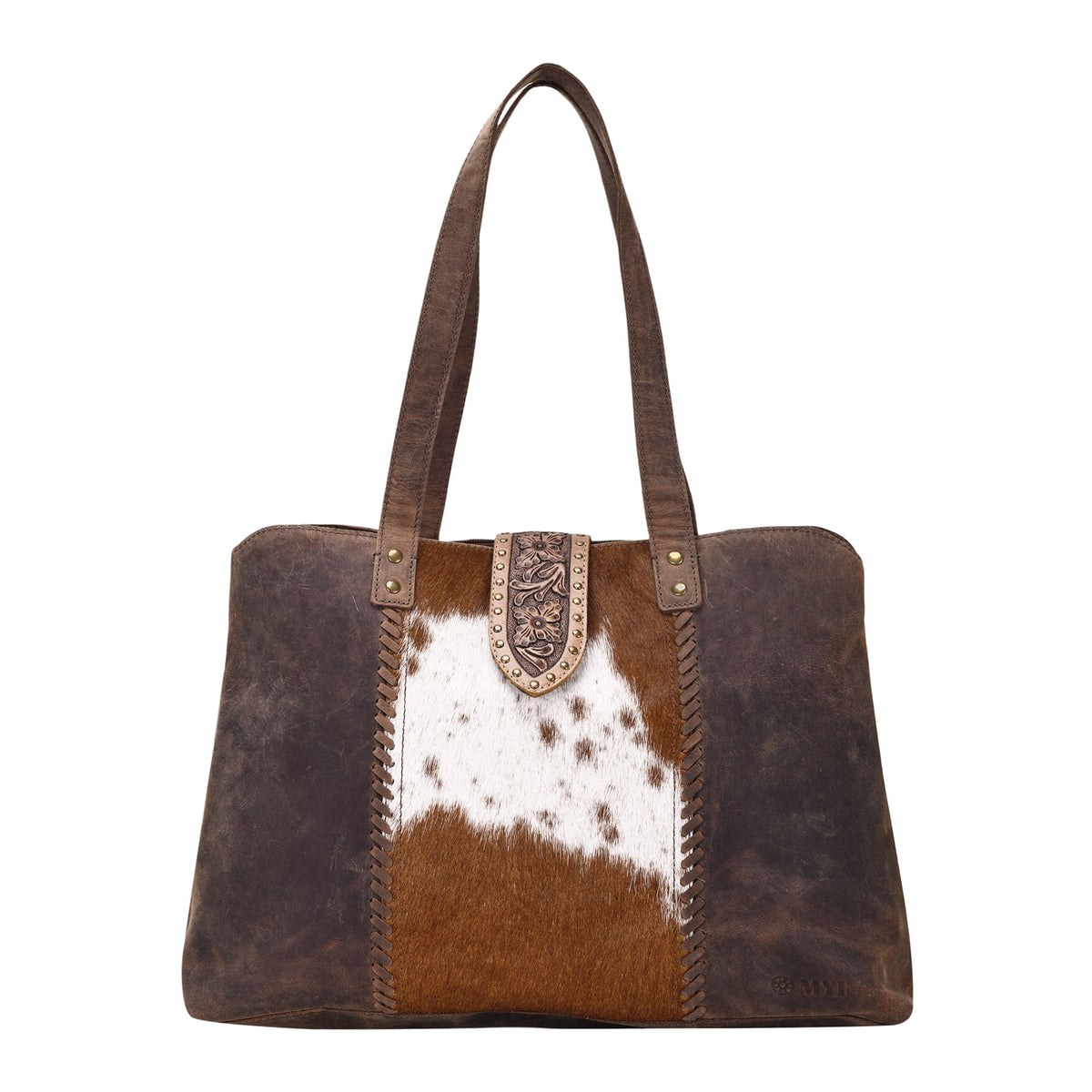 Myra Thornbluff Laptop Bag in brown with hair on and hand tooled flap - Myra USA