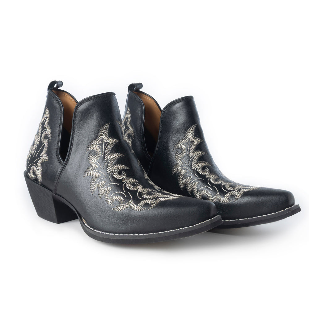 Tempest Embroidered Cowgirl Booties in Onyx for Women in Genuine Leather with Snip Toe - Myra USA