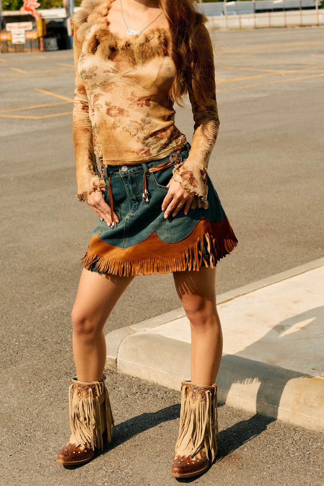 Myra Nashville Nights Fringe Boots for Women in Ember, Handtooled Genuine Leather with Swarovski Stones - Myra USA
