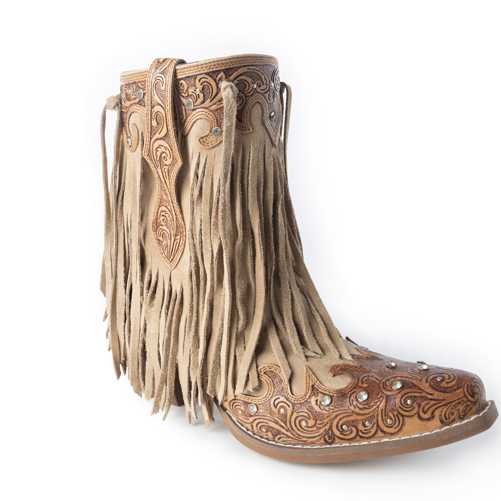 Nashville Nights Fringe Boots for Women in Ember, Handtooled Genuine Leather with Swarovski Stones - Myra USA