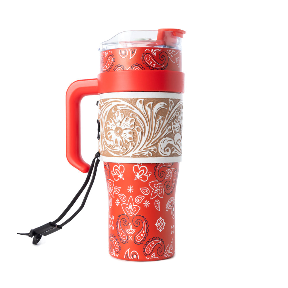Bandana Tooled Western Tumbler in Red Stainless Steel with Handtooled Leather and Handle for Use - Myra USA