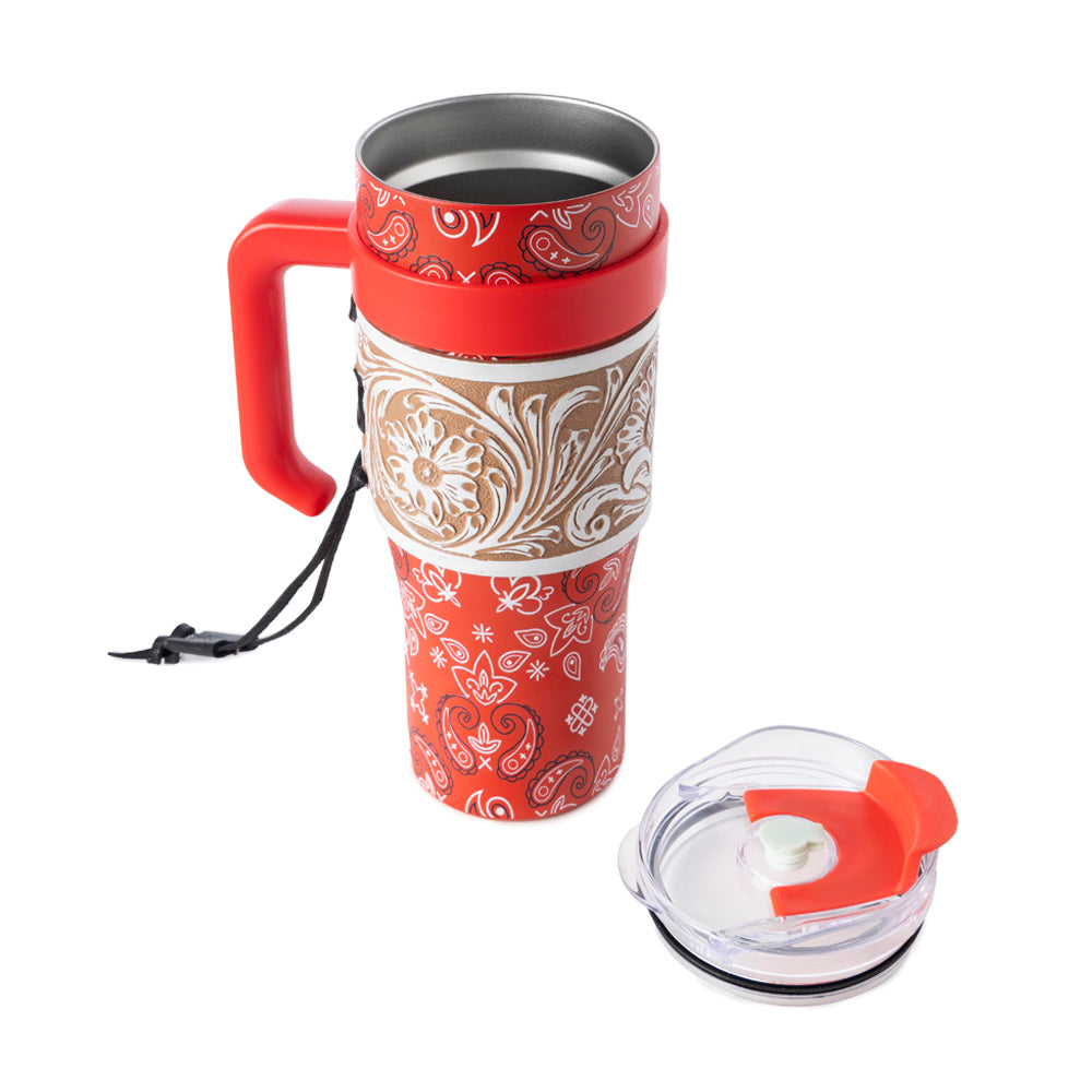 Bandana Tooled Western Tumbler in Red Stainless Steel with Handtooled Leather and Handle for Use - Myra USA