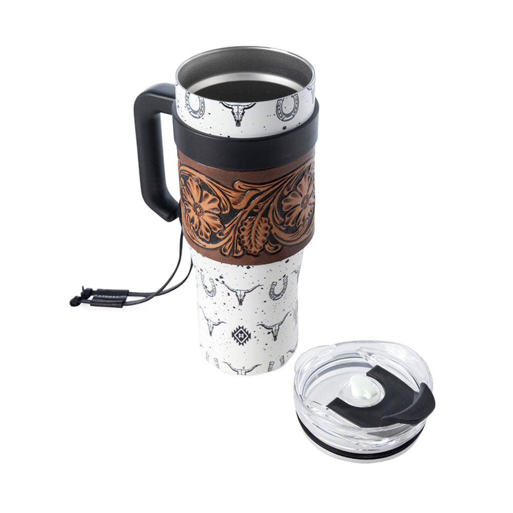 Westmark Tooled Western Tumbler in White Stainless Steel with Leather Wrap and Handle for Use - Myra USA