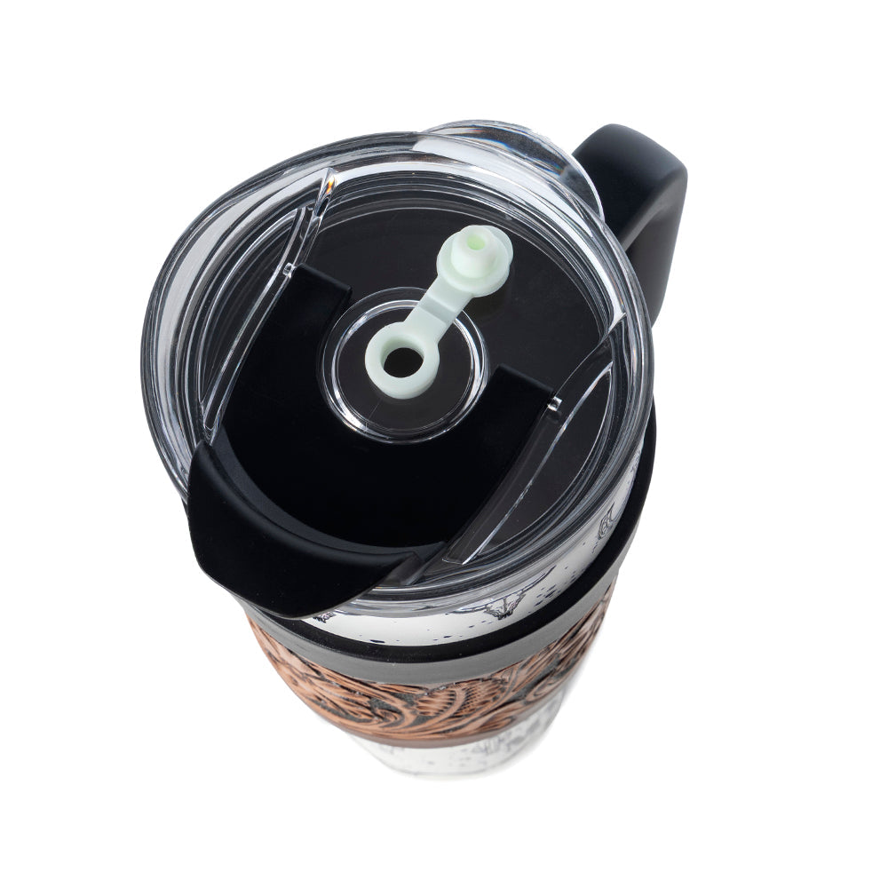 Westmark Tooled Western Tumbler in White Stainless Steel with Leather Wrap and Handle for Use - Myra USA