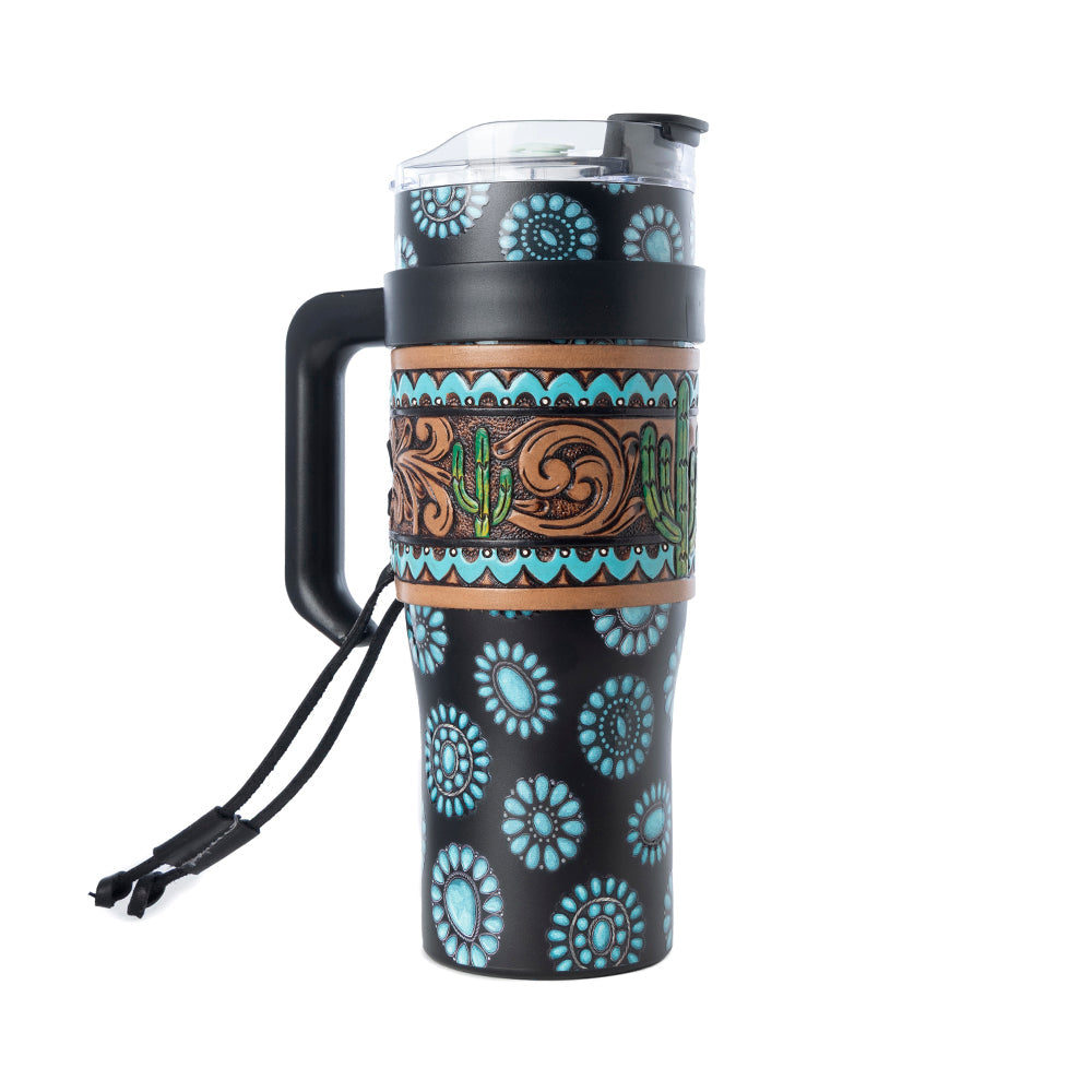 Concho Crest Western Tooled Tumbler in Black Stainless Steel with Leather Wrap and Handle - Myra USA