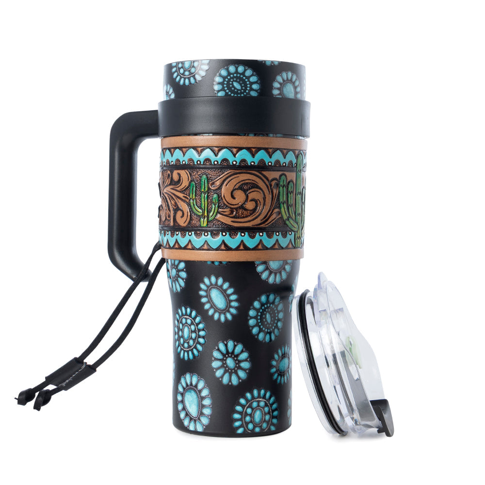 Concho Crest Western Tooled Tumbler in Black Stainless Steel with Leather Wrap and Handle - Myra USA