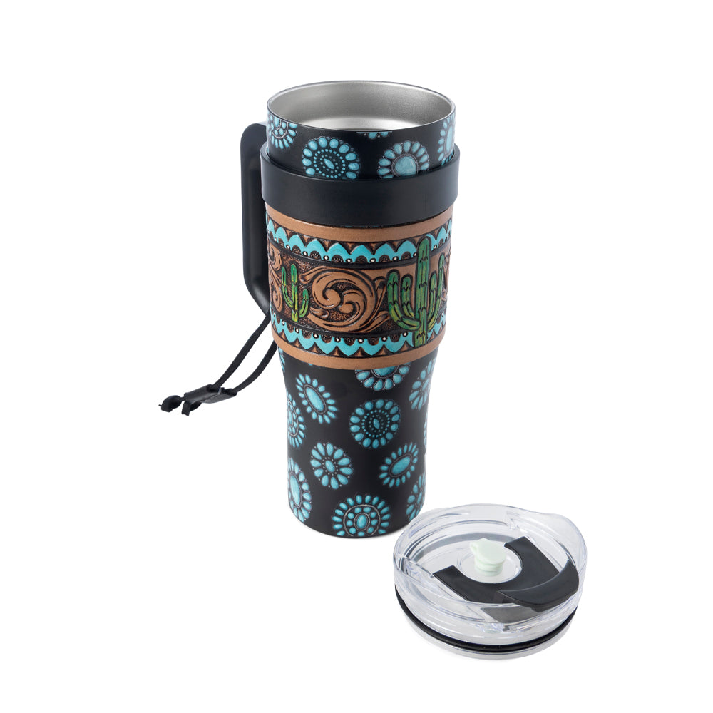 Concho Crest Western Tooled Tumbler in Black Stainless Steel with Leather Wrap and Handle - Myra USA