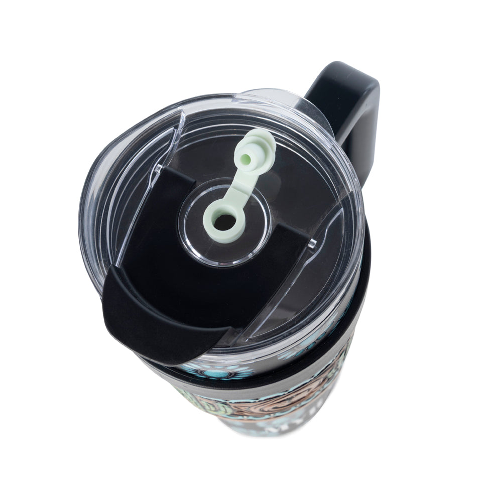 Concho Crest Western Tooled Tumbler in Black Stainless Steel with Leather Wrap and Handle - Myra USA