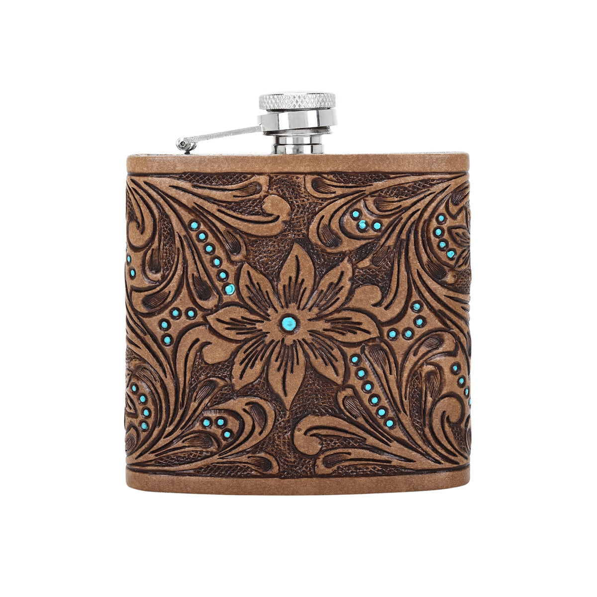 Myra Mountain Trail Flask in tan with hand tooled leather and turquoise, 6 oz - Myra USA