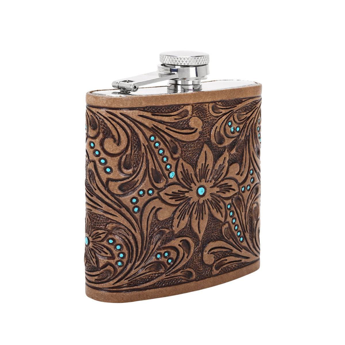 Myra Mountain Trail Flask in tan with hand tooled leather and turquoise, 6 oz - Myra USA