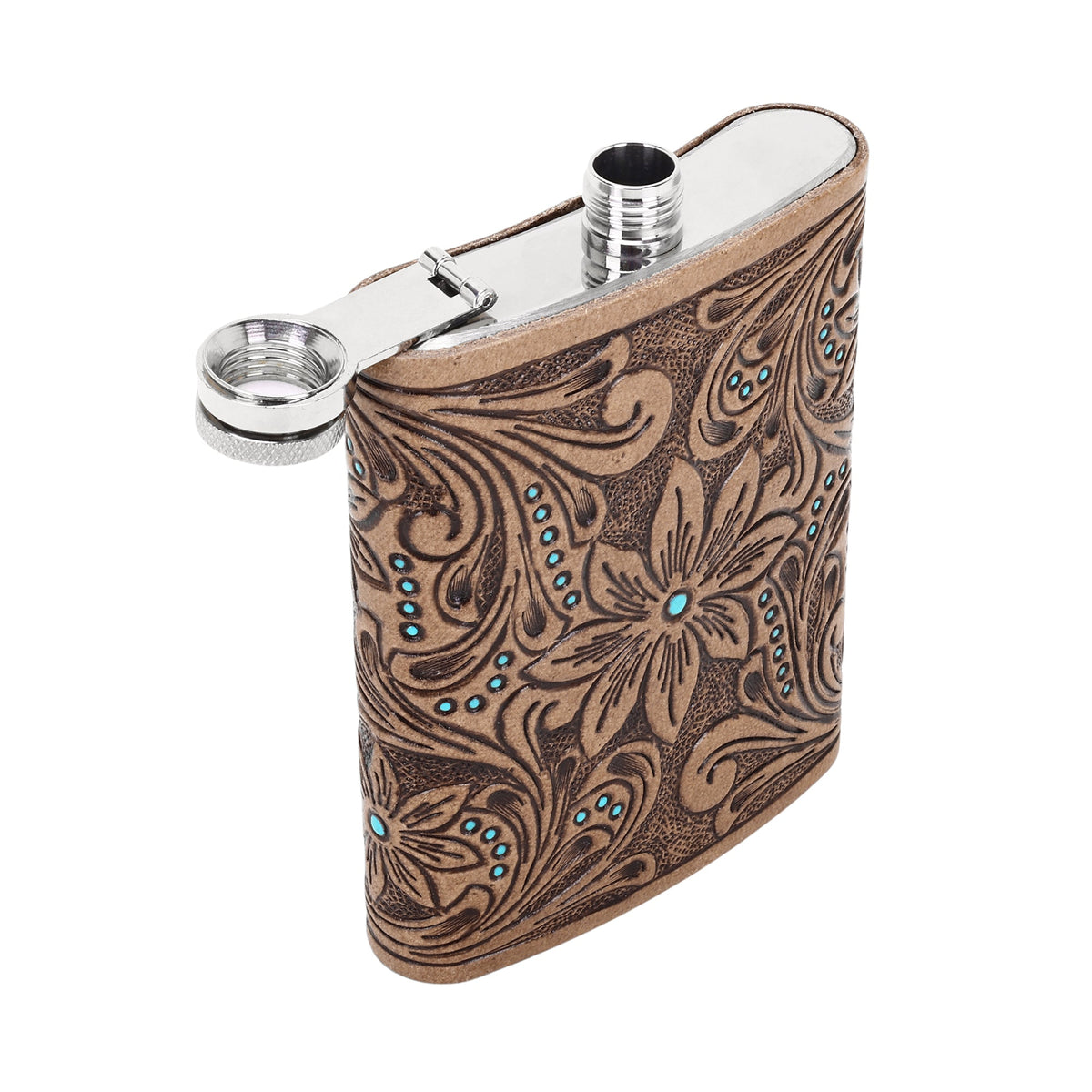 Myra Mountain Trail Flask in tan with hand tooled leather and turquoise, 8 oz - Myra USA
