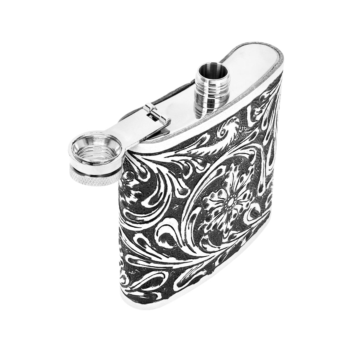 Myra Mountain Trail Flask in brown and white with hand tooled leather, 6 oz - Myra USA