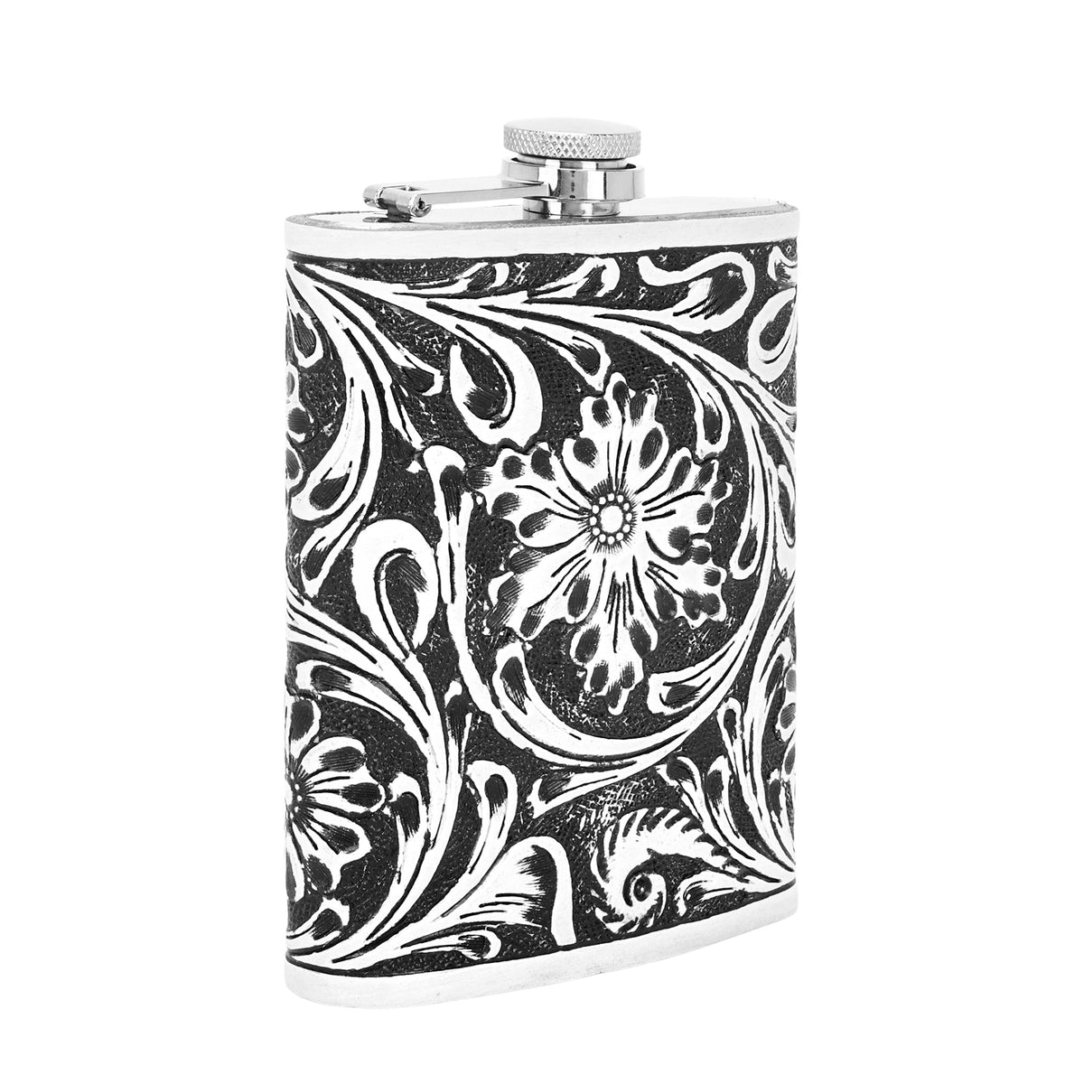 Myra Mountain Trail Flask in brown and white with hand tooled leather, 8 oz - Myra USA