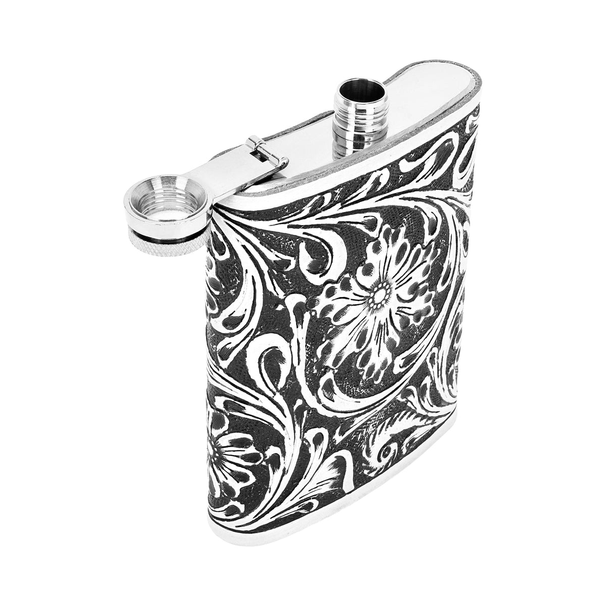 Myra Mountain Trail Flask in brown and white with hand tooled leather, 8 oz - Myra USA