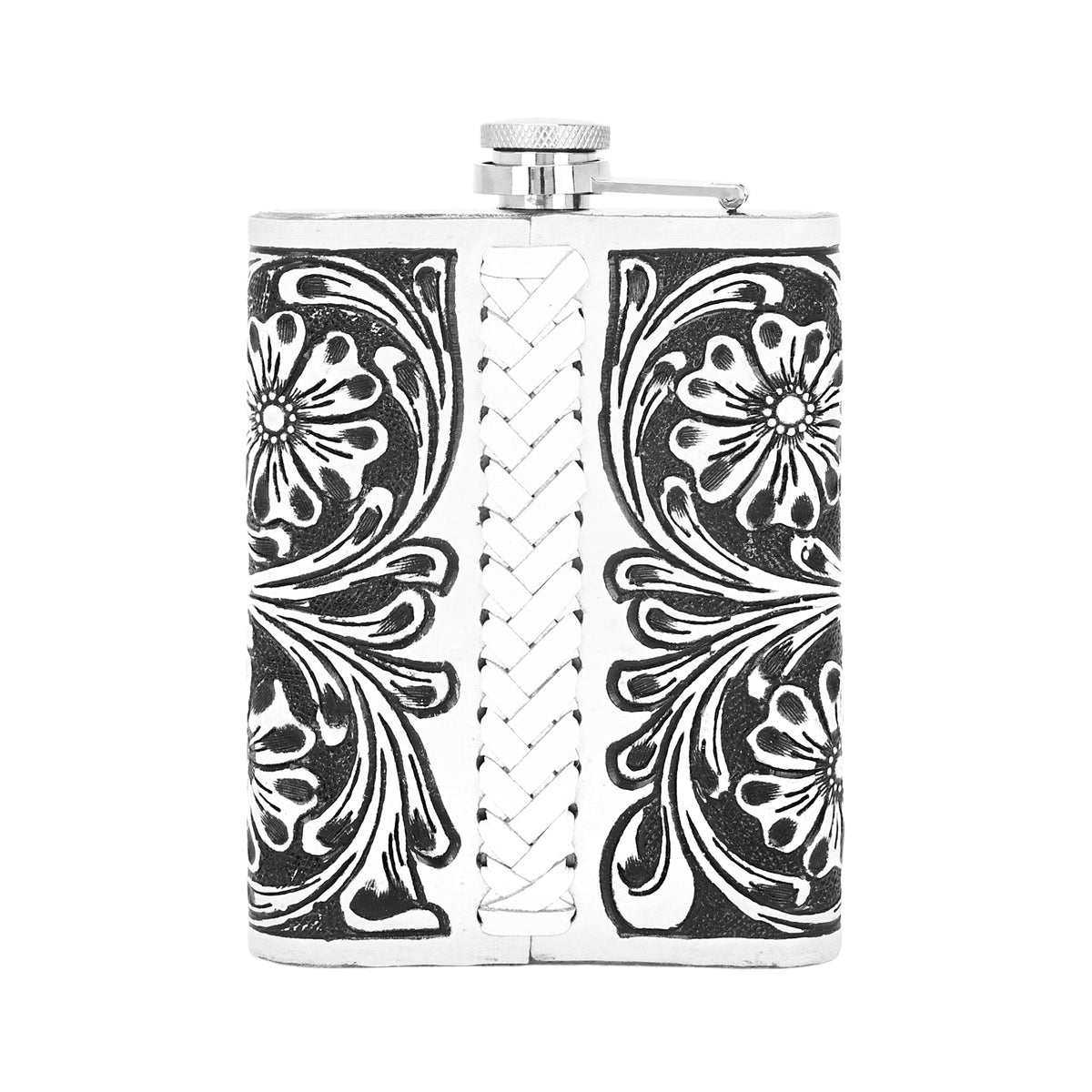 Myra Mountain Trail Flask in brown and white with hand tooled leather, 8 oz - Myra USA