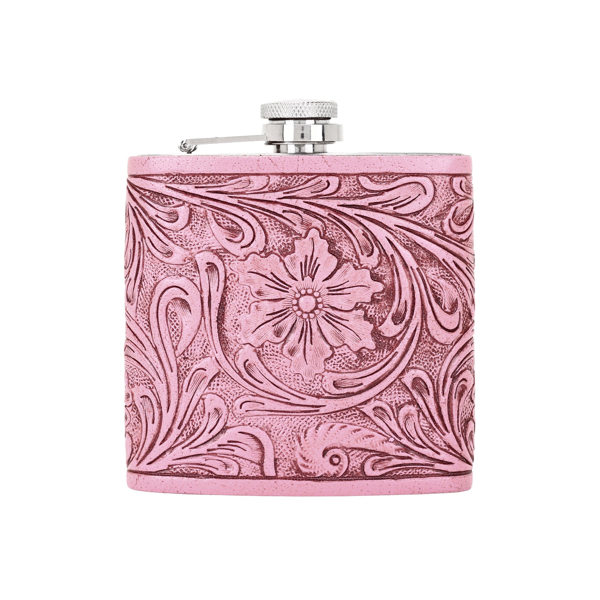 Myra Mountain Trail Flask in pink with hand tooled leather, 6 oz - Myra USA