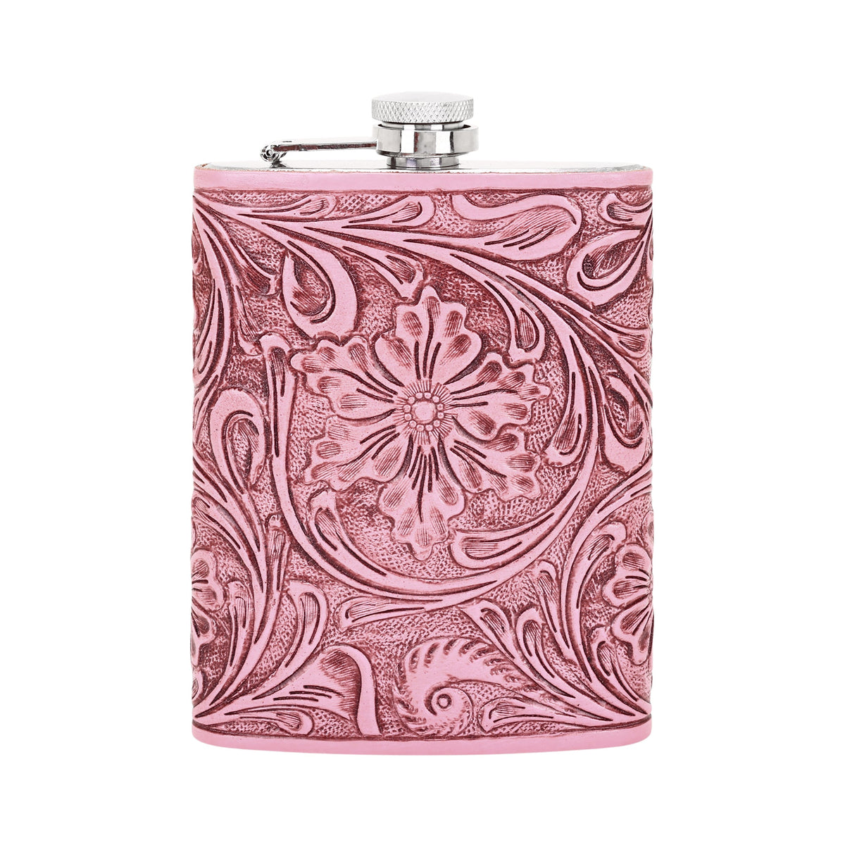 Myra Mountain Trail Flask in pink with hand tooled leather, 8 oz - Myra USA