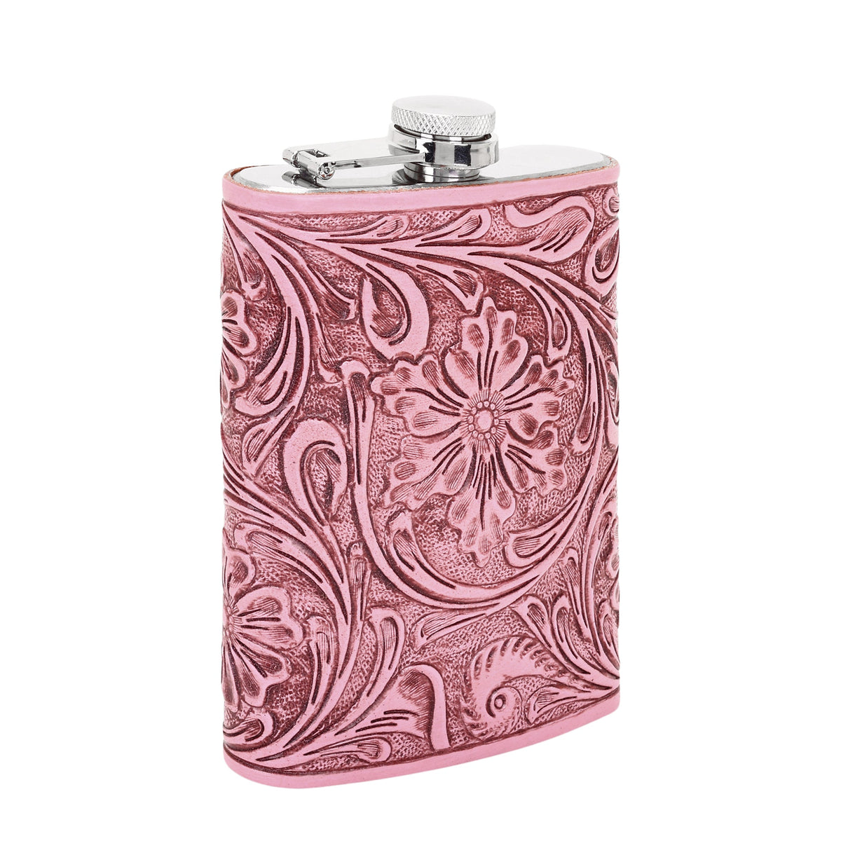 Myra Mountain Trail Flask in pink with hand tooled leather, 8 oz - Myra USA