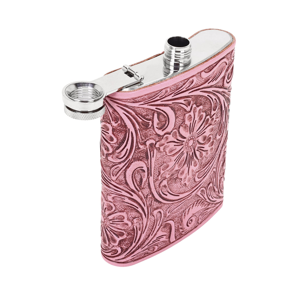 Myra Mountain Trail Flask in pink with hand tooled leather, 8 oz - Myra USA