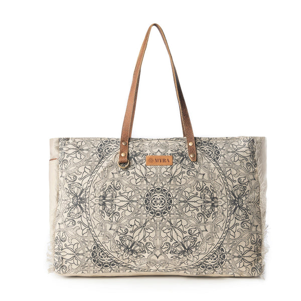 Wildmandala Weekender Bag for Women in ivory with vintage print detail - Myra USA