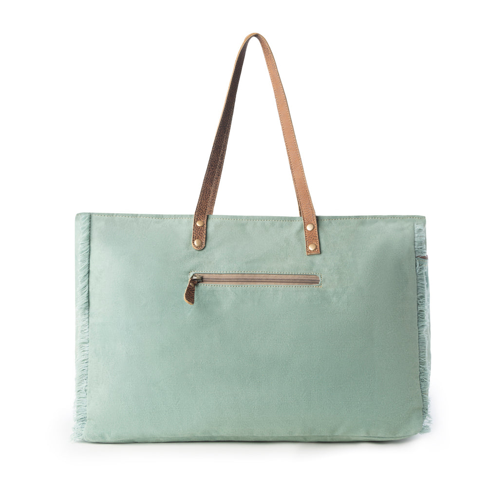 Wildtusk Weekender Bag for Women in green with vintage print detail - Myra USA