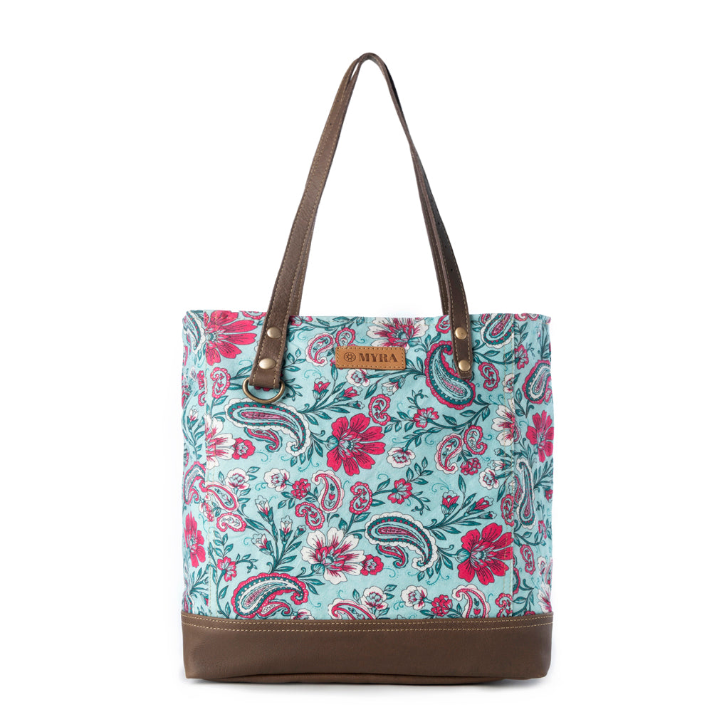 Pinkpaisley upcycled canvas Tote Bag for Women in pink with leather detail - Myra USA
