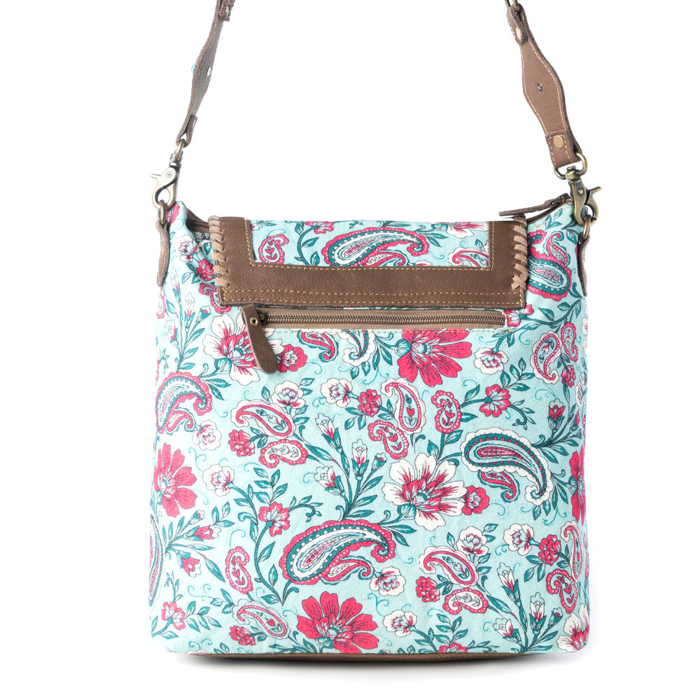 Lagoon Lily upcycled canvas Bag for Women in blue with leather and weaved flap - Myra USA