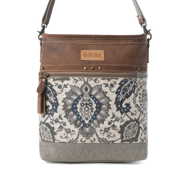 Sagebrook Jacquard upcycled canvas Bag for Women in sage with leather detail - Myra USA