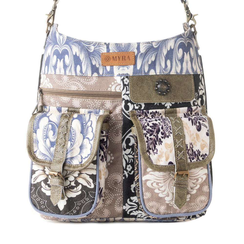 Le Fleur Bel Cowgirl Shoulder Bag for Women in blue floral with leather and Concho details - Myra USA