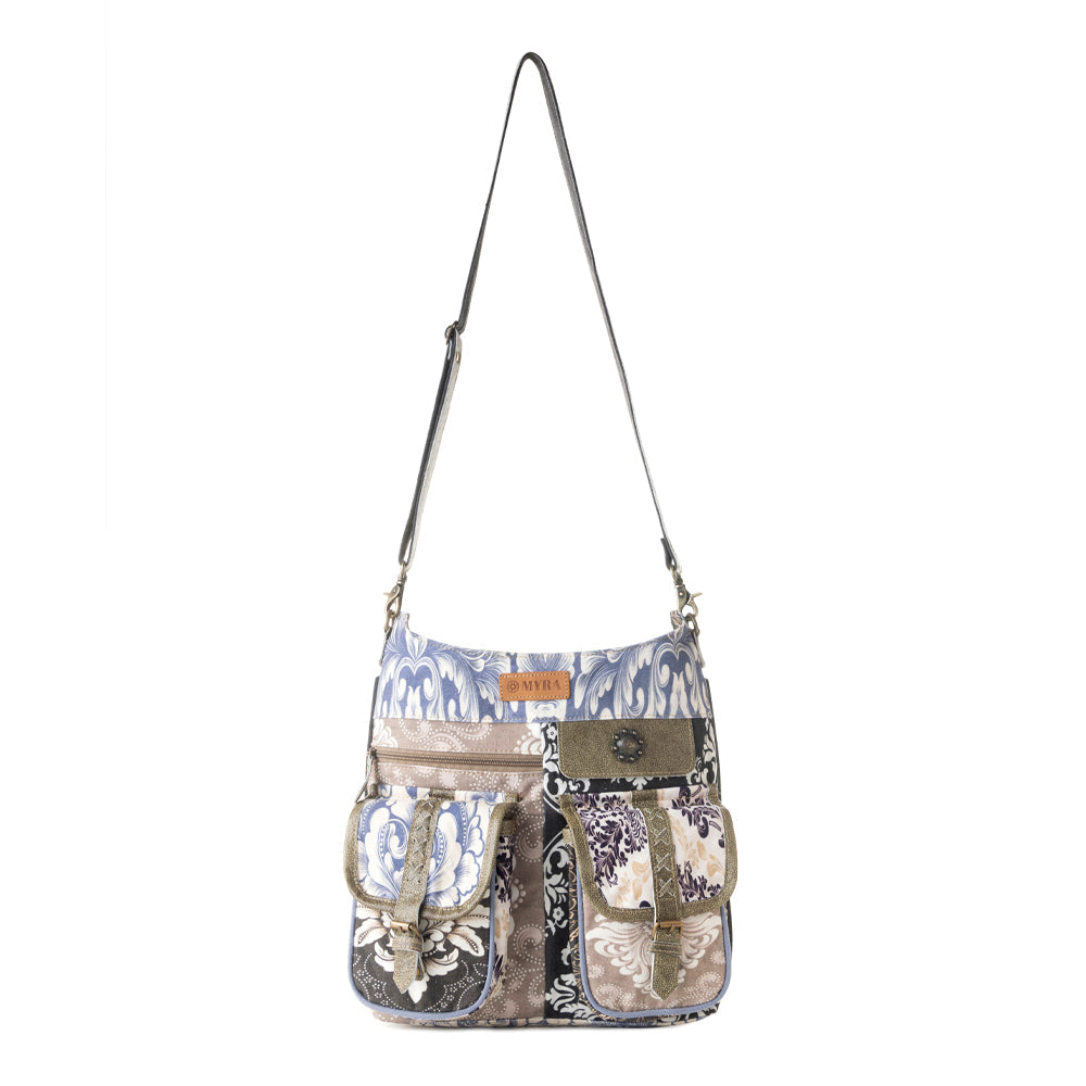 Le Fleur Bel Cowgirl Shoulder Bag for Women in blue floral with leather and Concho details - Myra USA