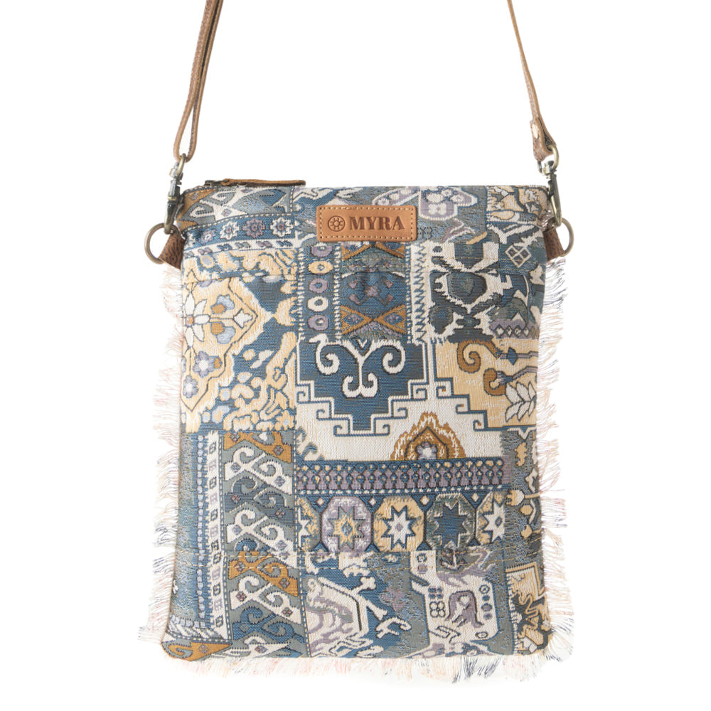 Loom Tapestry vintage crossbody Bag for Women in indigo with fringe detail - Myra USA
