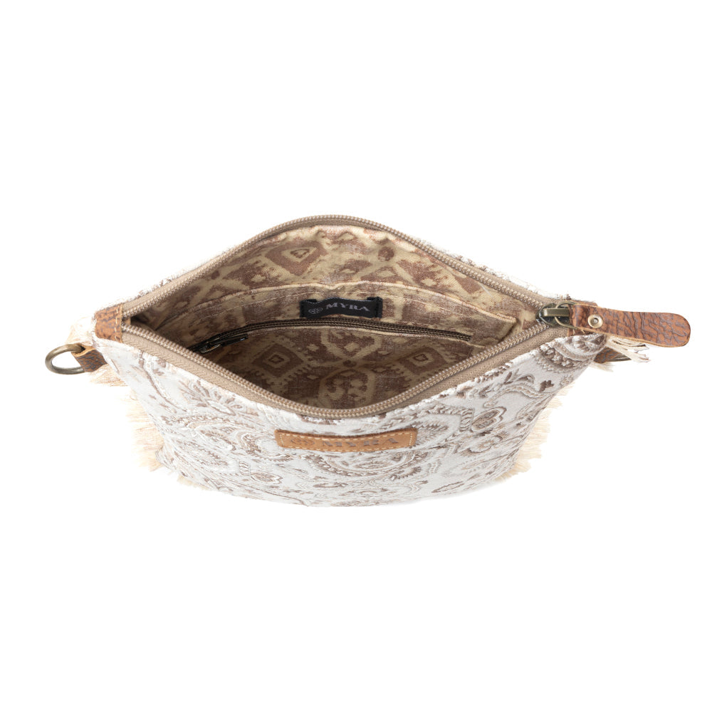 Loom Tapestry upcycled canvas crossbody Bag for Women in sage with fringe detail - Myra USA
