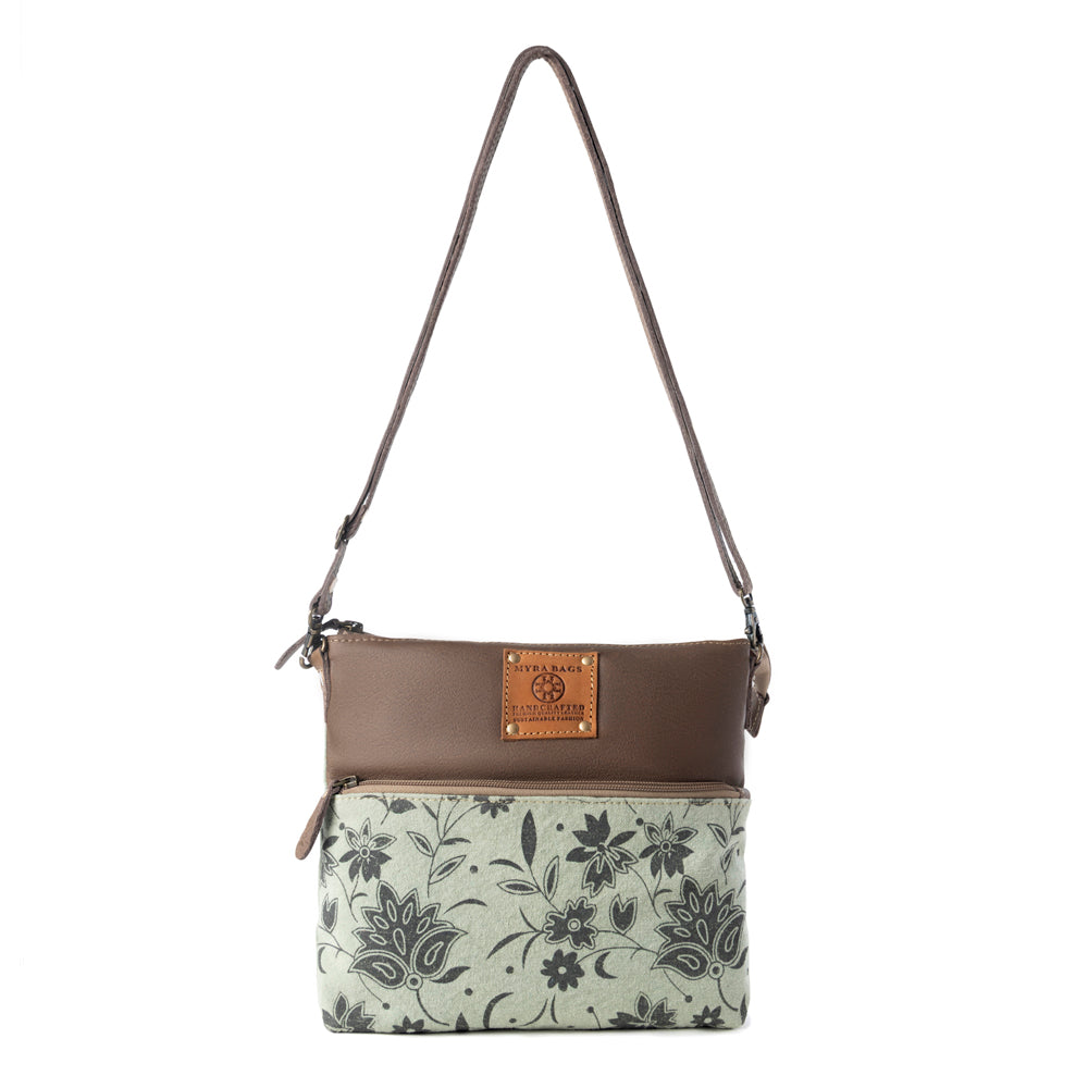 Wildprint Trail upcycled canvas crossbody Bag for Women in sage with floral detail - Myra USA