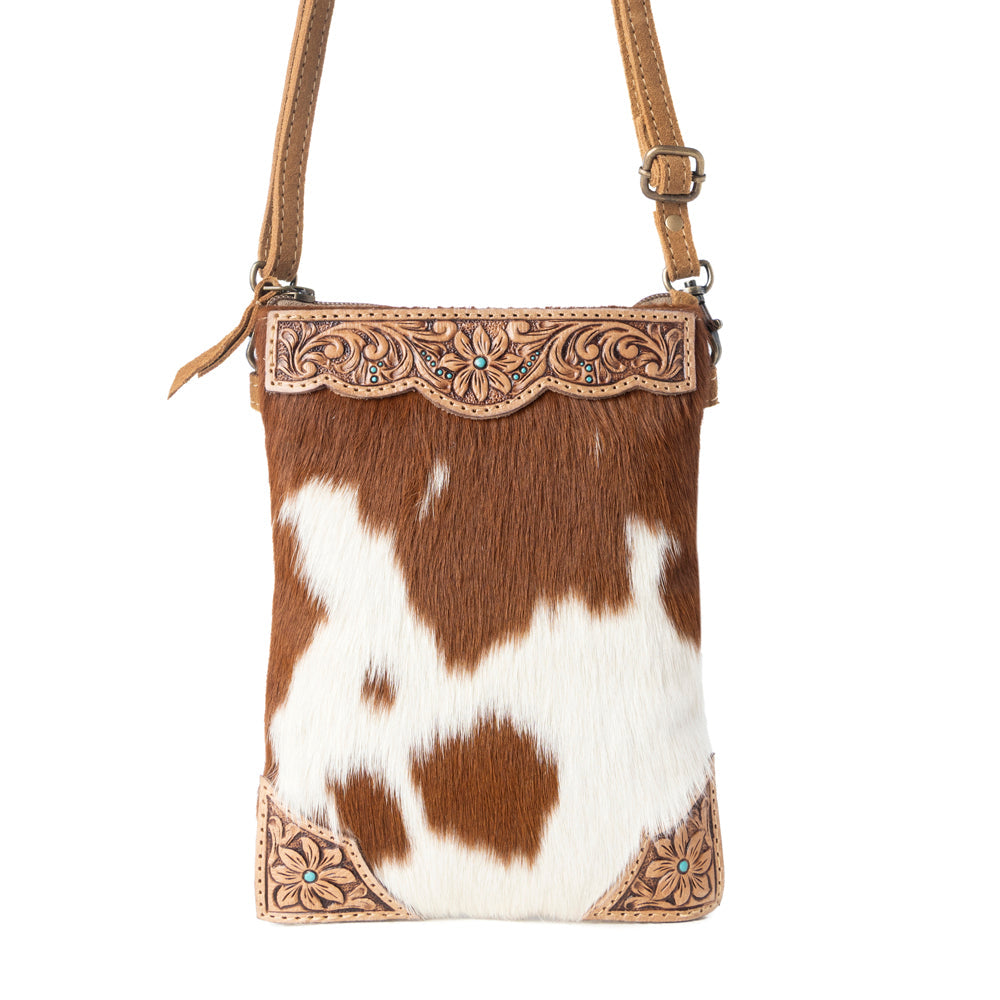 Calico Hairon Crossbody Bag for Women in brown with hairon and handtooled detail - Myra USA