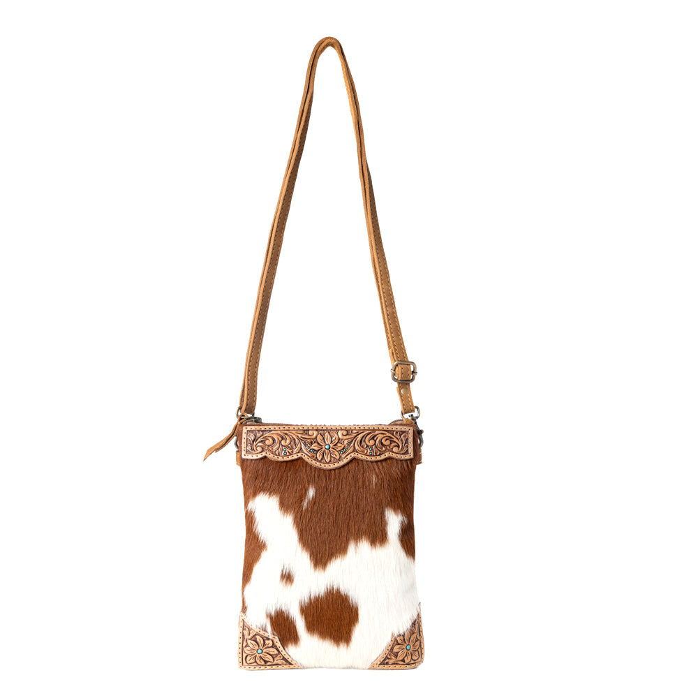 Calico Hairon Crossbody Bag for Women in brown with hairon and handtooled detail - Myra USA