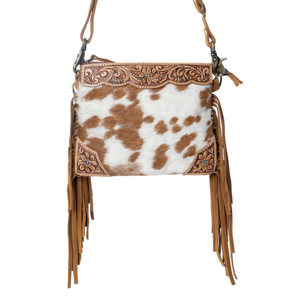 Bourbon Trail Handtooled Bag for Women in brown with hairon and fringe detail - Myra USA