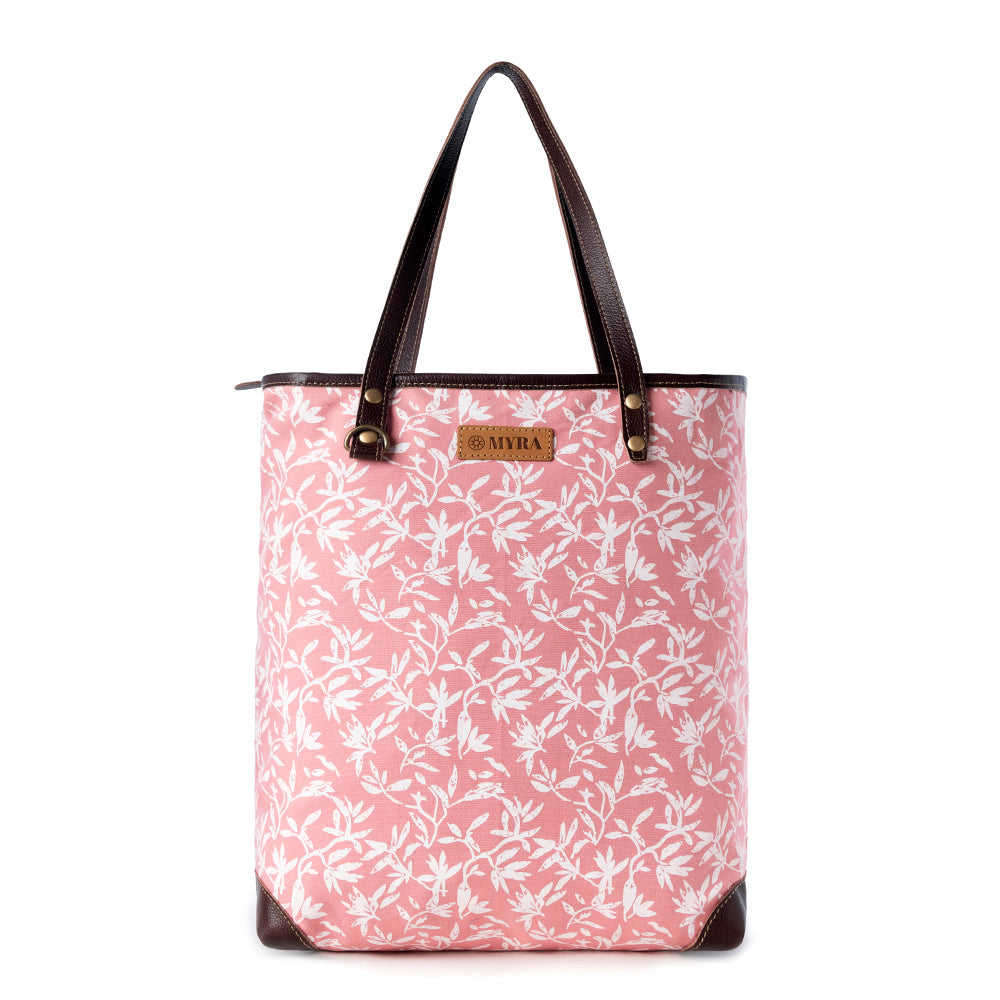 Rose Vine Vintage Tote Bag for Women in pink with leather detail - Myra USA