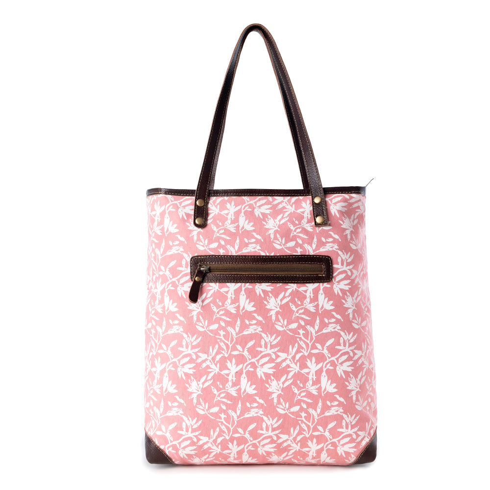 Rose Vine Vintage Tote Bag for Women in pink with leather detail - Myra USA