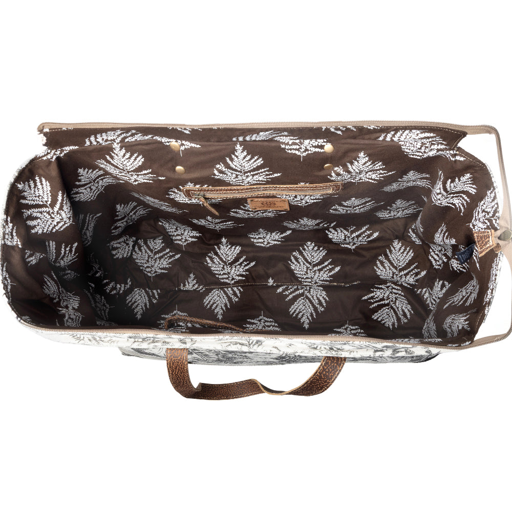 Wildfern Hide Western Weekender Bag for Women in ivory with hairon detail - Myra USA