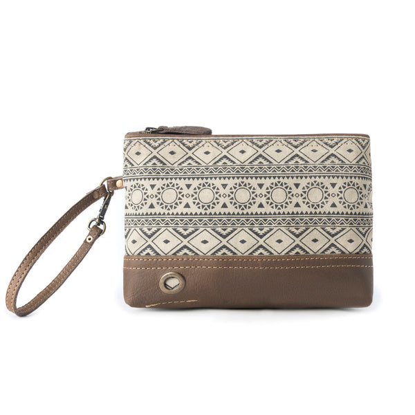 Sundust Vintage Wristlet for Women in ivory with leather detail - Myra USA