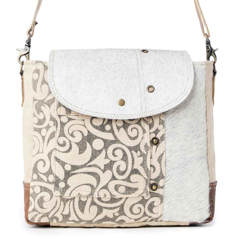 Myra Factual Hairon Leather Messenger Bag – Swirl Canvas, White Hairon Flap, Rustic Straps for Everyday Western Style