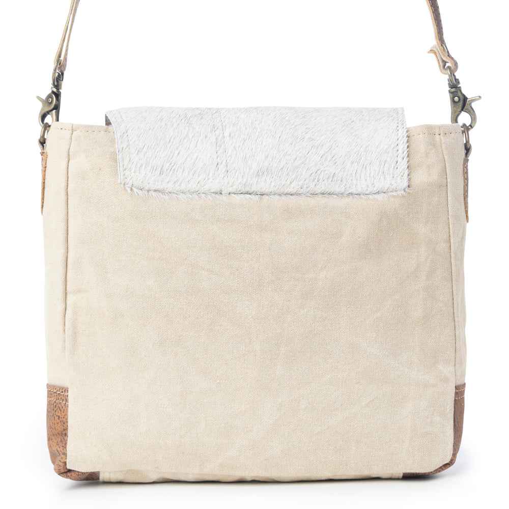 Myra Factual Hairon Leather Messenger Bag – Swirl Canvas, White Hairon Flap, Rustic Straps for Everyday Western Style